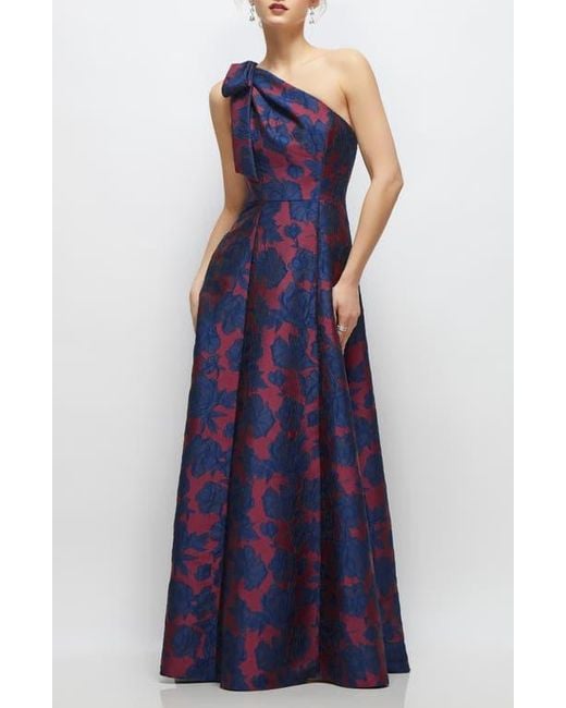 Alfred Sung Blue Bow One-Shoulder Jacquard Ballgown