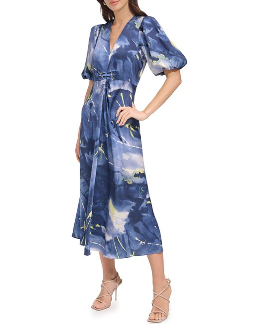 DKNY Blue Print Puff Sleeve Satin Midi Dress