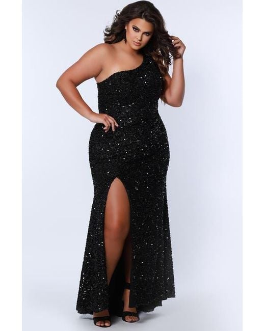 Sydney's Closet Black One-Shoulder Sequin Plus Size Evening Gown