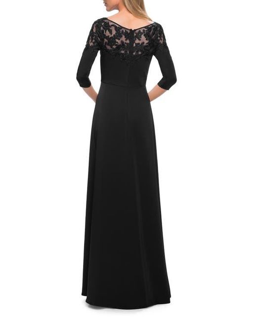 La Femme Black Jersey Mother Of The Bride Gown With Lace Neckline