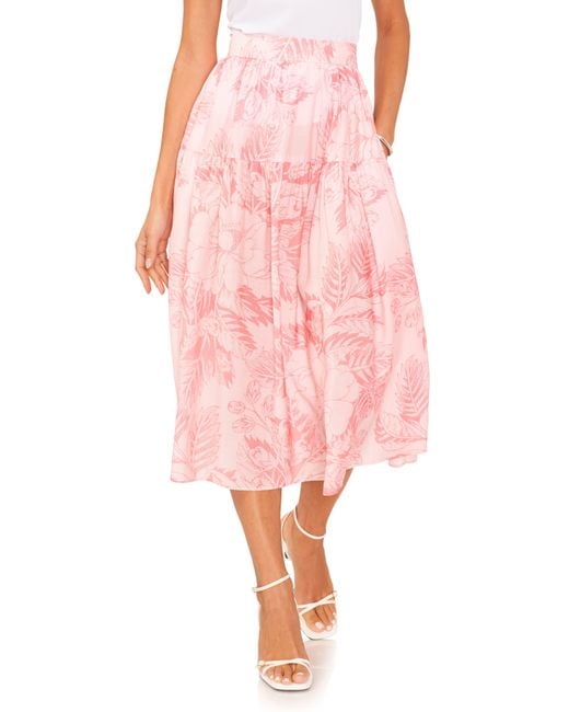1.STATE Pink Floral Print Midi Skirt