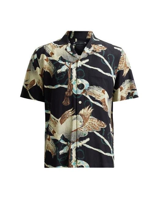 AllSaints Black Buzzard Print Camp Shirt for men