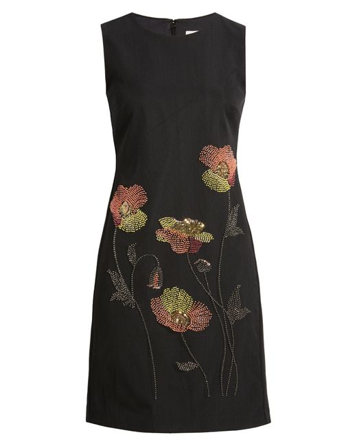 Anne Klein Black Floral Bead Embroidered Sleeveless Shift Dress