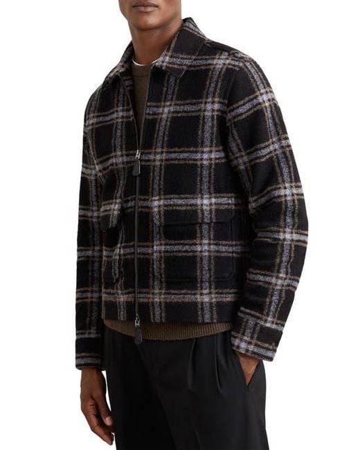 Reiss Black Varena Plaid Zip Shirt Jacket for men
