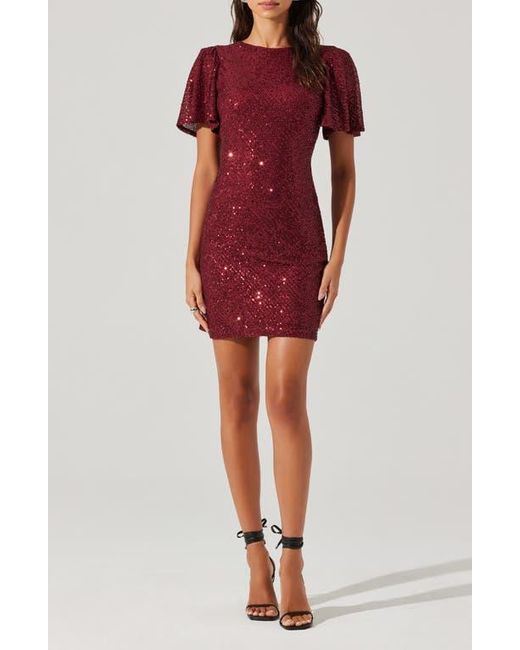 Astr Red Sequin Flutter Sleeve Minidress