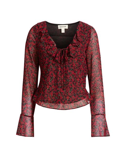 Open Edit Red Ruffle Chiffon Top