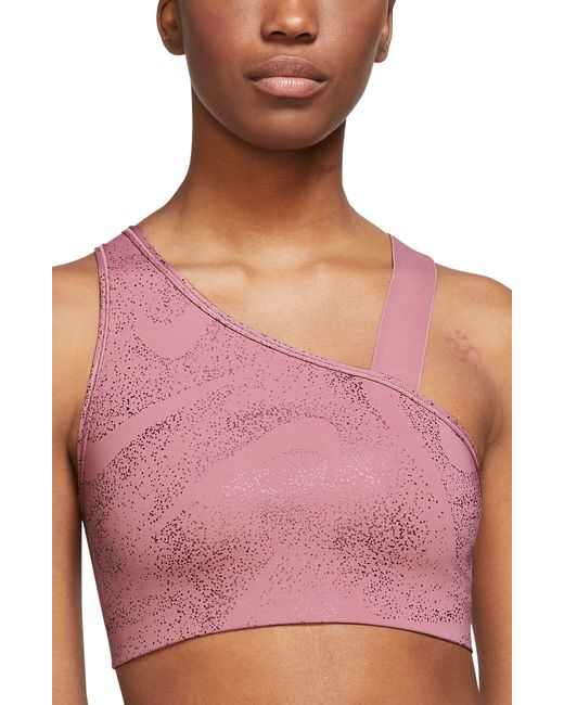 Nike Drifit Swoosh Asymmetric Neck Sports Bra in Pink Lyst