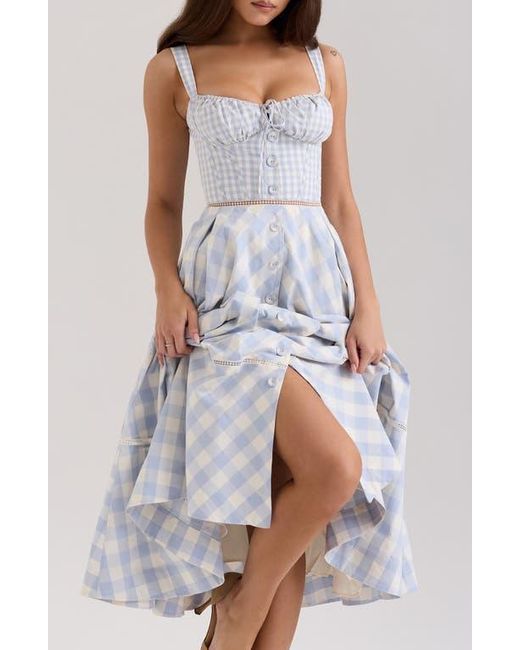 house of cb blue gingham dress 'Chiarina' Light Blue Gingham Stretch Cotton Midi Dress