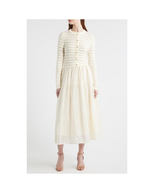 zoe and claire midi dress Striped Eyelette Pleated Midi Dress Cream / XS