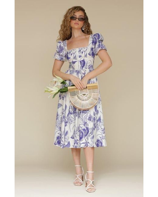Avec Les Filles Purple Botanical Print Corset Bodice Stretch Cotton Midi Dress