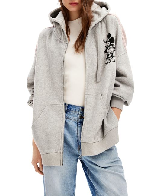 Desigual Gray X Disney Mickey Mouse Cotton Graphic Zip-up Sweater Hoodie