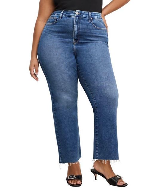 GOOD AMERICAN Blue Soft Tech Good Legs Raw Hem Crop Mini Bootcut Jeans