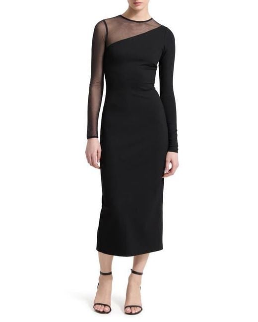 MARCELLA Milo Long Sleeve Mesh & Ponte Column Dress in Black | Lyst