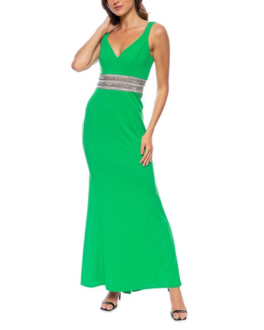 Marina Green Bead Waist Detail Sleeveless Gown