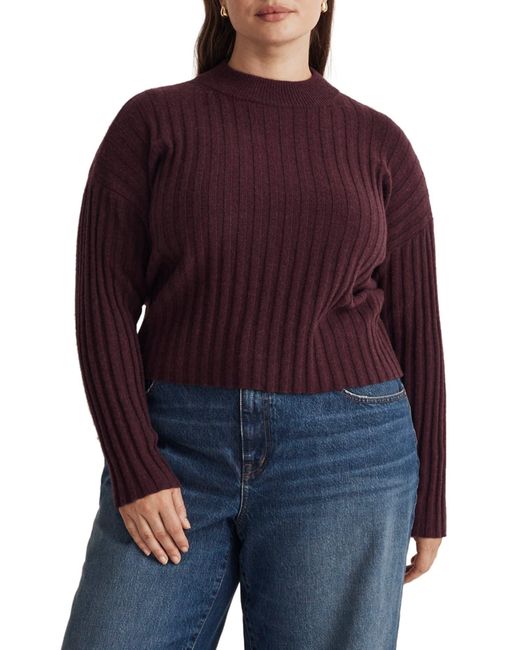 Madewell Red Levi Rib Mock Neck Wool Blend Crop Pullover Sweater