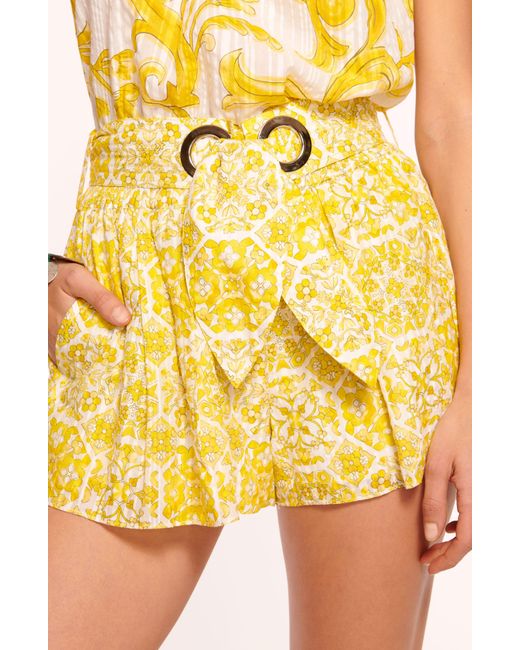 Ramy Brook Yellow Allie Floral Belted Cotton Blend Shorts