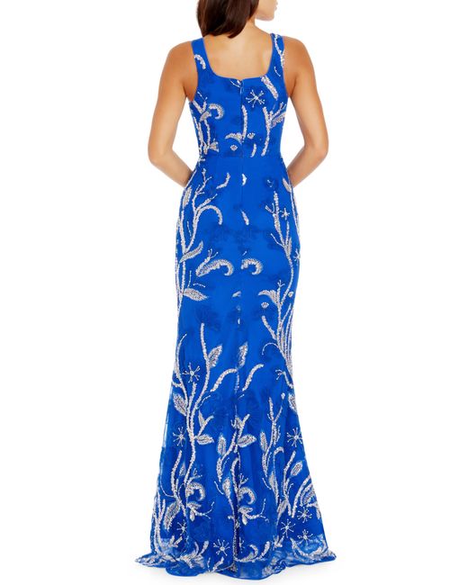 Dress the Population Blue Tyra Beaded Floral Chiffon Mermaid Gown
