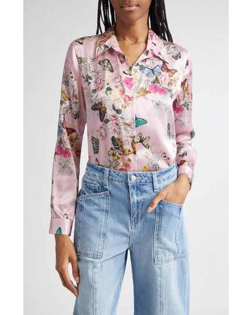 L'Agence Blue Tyler Silk Button-Up Shirt