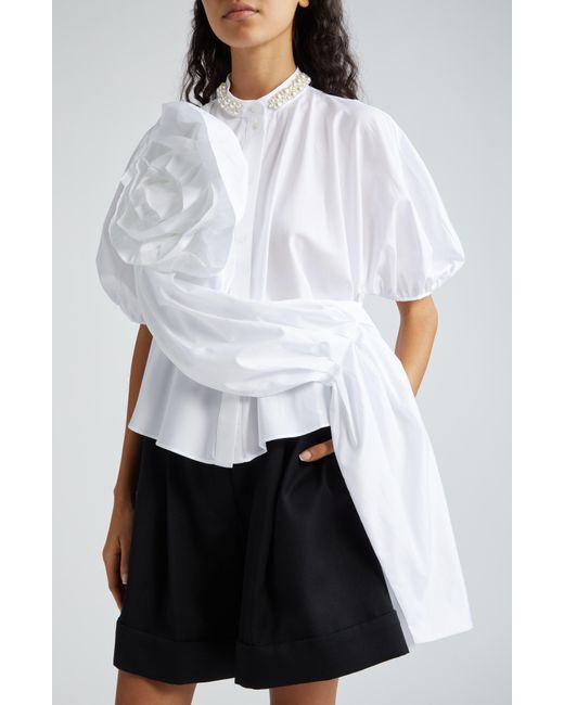 Simone Rocha White Beaded Ruffle Puff Sleeve Cotton Button-up Shirt