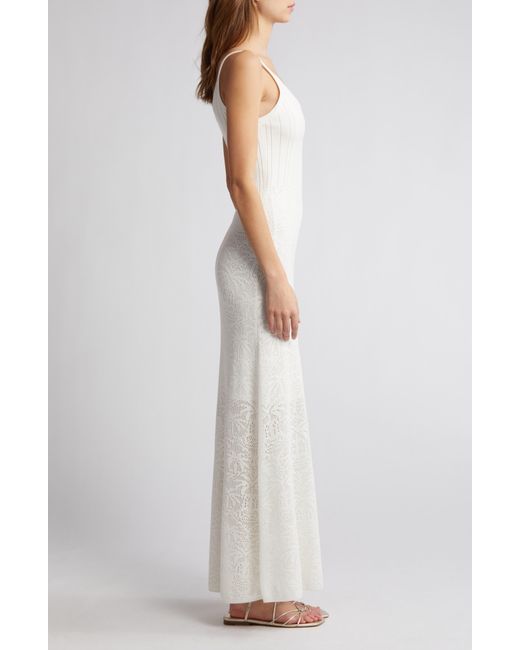 Moon River White Palm Tree Embroidered Knit Maxi Dress