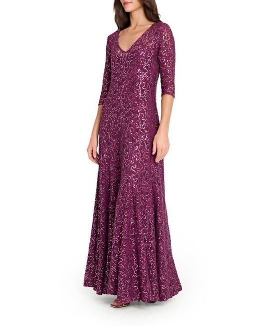 Tahari Purple Sequin Flare Gown
