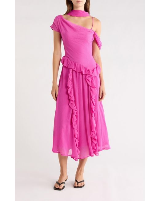 madder madder MY COLOR DRESS ピンク Damson Madder Moxie Ruffle Asymmetric Midi Dress in Pink | Lyst