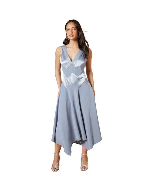 Oasis Blue V-Neck Mesh Asymmetric Midi Dress