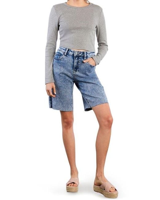 HINT OF BLU Blue Cool Summer Raw Hem Long Denim Shorts