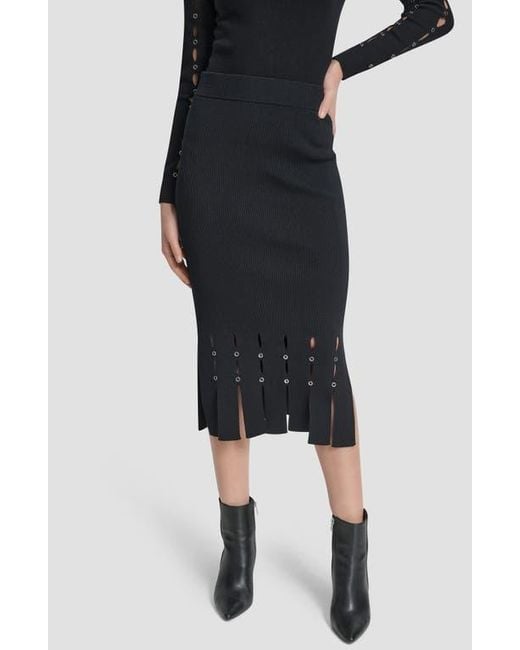 DKNY Black Grommet Trim Fringe Hem Sweater Midi Skirt