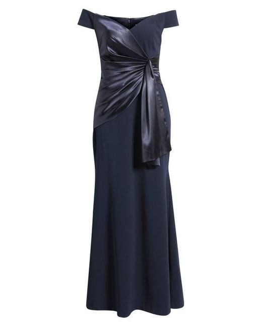 Eliza J Blue Mixed Media Off The Shoulder Gown