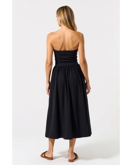 Modenaire Black Strapless Smocked Bodice Midi Dress With Flowy Skirt And Pockets