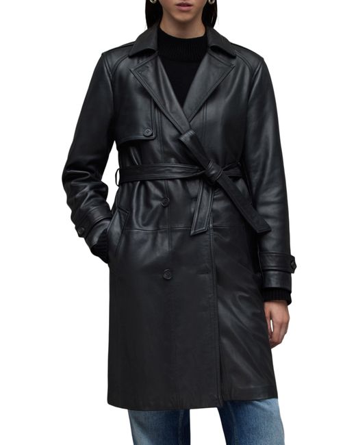 AllSaints Black Okena Leather Trench Coat