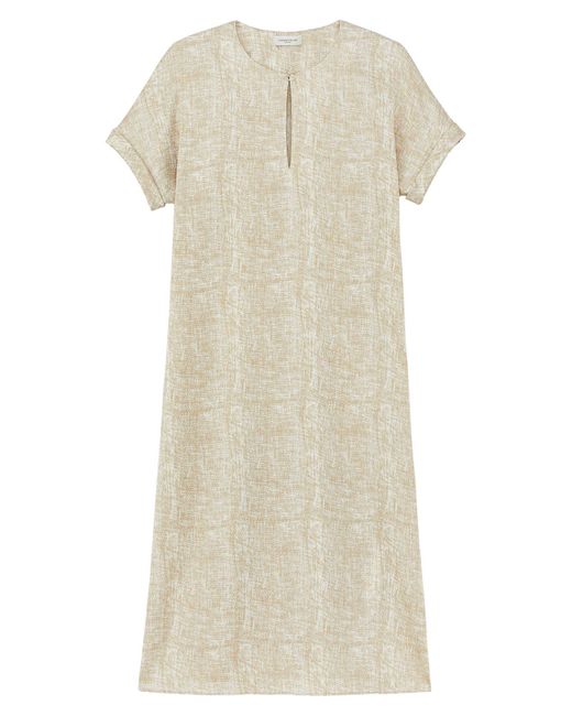 Lafayette 148 New York Natural Burlap Print Crinkle Stretch Silk Shift Dress