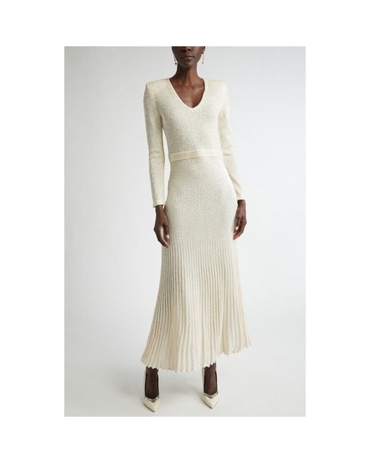 St. John Sequin Embroidered Long Sleeve Knit Dress in Natural | Lyst