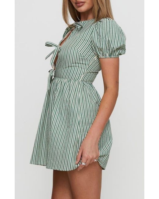 Princess Polly Blue Nurture Tie Front Puff Sleeve Cotton Blend Minidress
