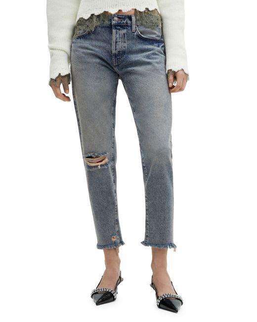 Mango Blue Ripped Low Rise Ankle Mom Jeans