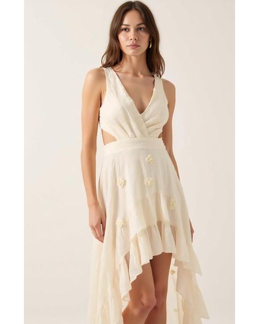Modenaire Natural High-Low Ruffle Hem Dress With Cutout Waist And Wrap Bodice