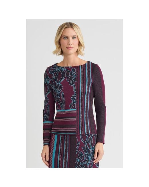 Ming Wang Blue Multi-Pattern Jacquard Soft Knit Top