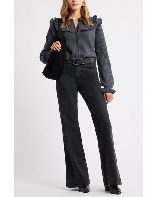 Treasure & Bond Black Pointelle Ruffle Wool & Cashmere Cardigan