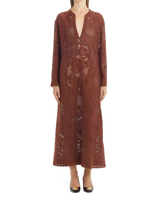 Valentino Brown Peonies Blanket Long Sleeve Caftan Lace Dress