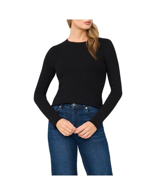 Halogen® Black Button Cuff Rib Crewneck Sweater