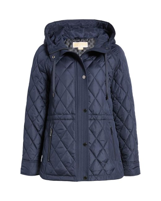Michael Kors Blue Water Resistant Diamond Quilted Hooded Jacket