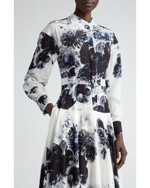Alexander McQueen White Chiaroscuro Floral Long Sleeve Silk Shirtdress