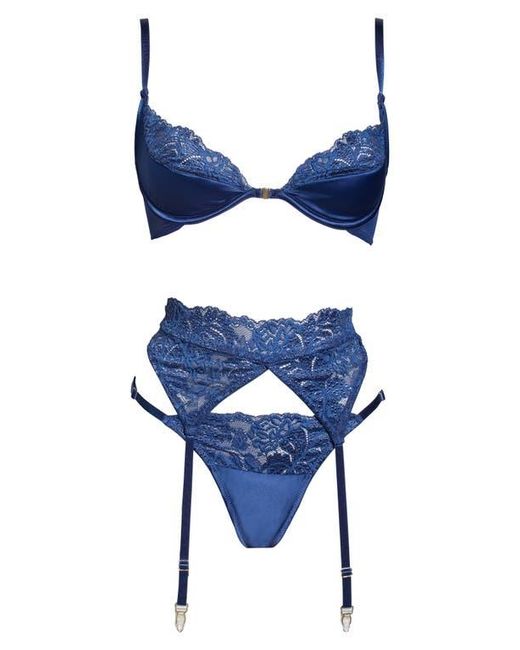 Coquette Blue Underwire Bra, Garter Belt & Thong Set