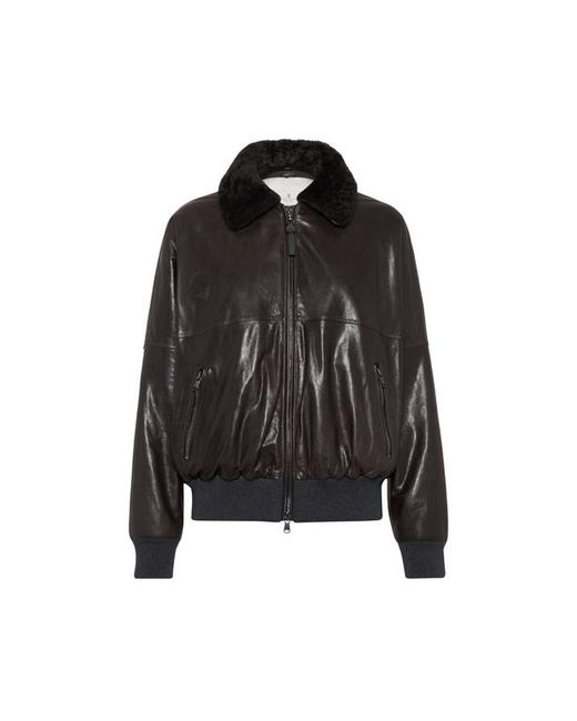 Brunello Cucinelli Black Nappa Leather Bomber Jacket