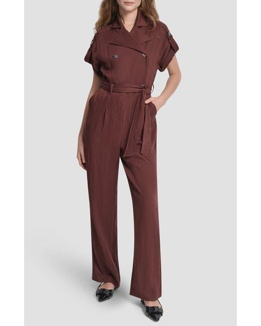 DKNY Women's Red Twill Tie Waist Jumpsuit