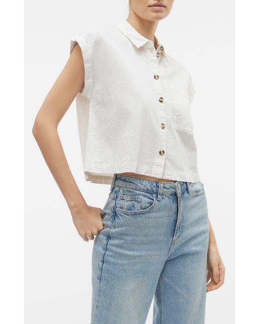 Vero Moda White Luna Cap Sleeve Crop Button-up Shirt