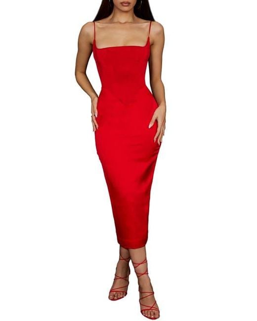 House Of Cb Women's Red Anais Satin Corset Midi Dress