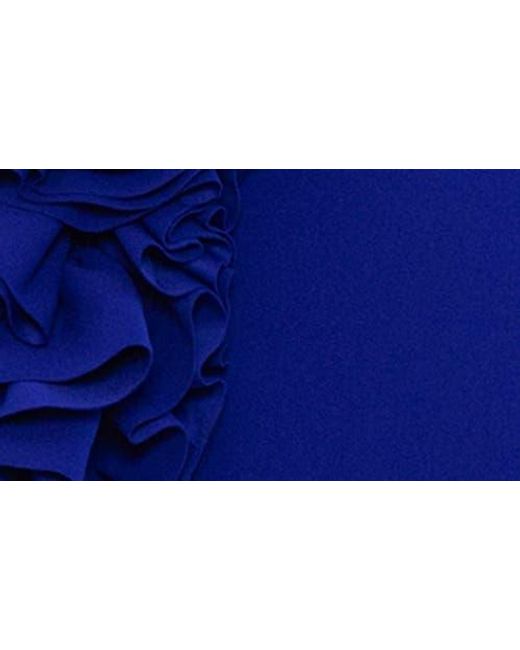 Betsy & Adam Blue Rosette One-Shoulder Trumpet Gown
