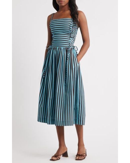 Damson Madder Angelina Stripe Lace-Up Side Midi Sundress in Blue | Lyst